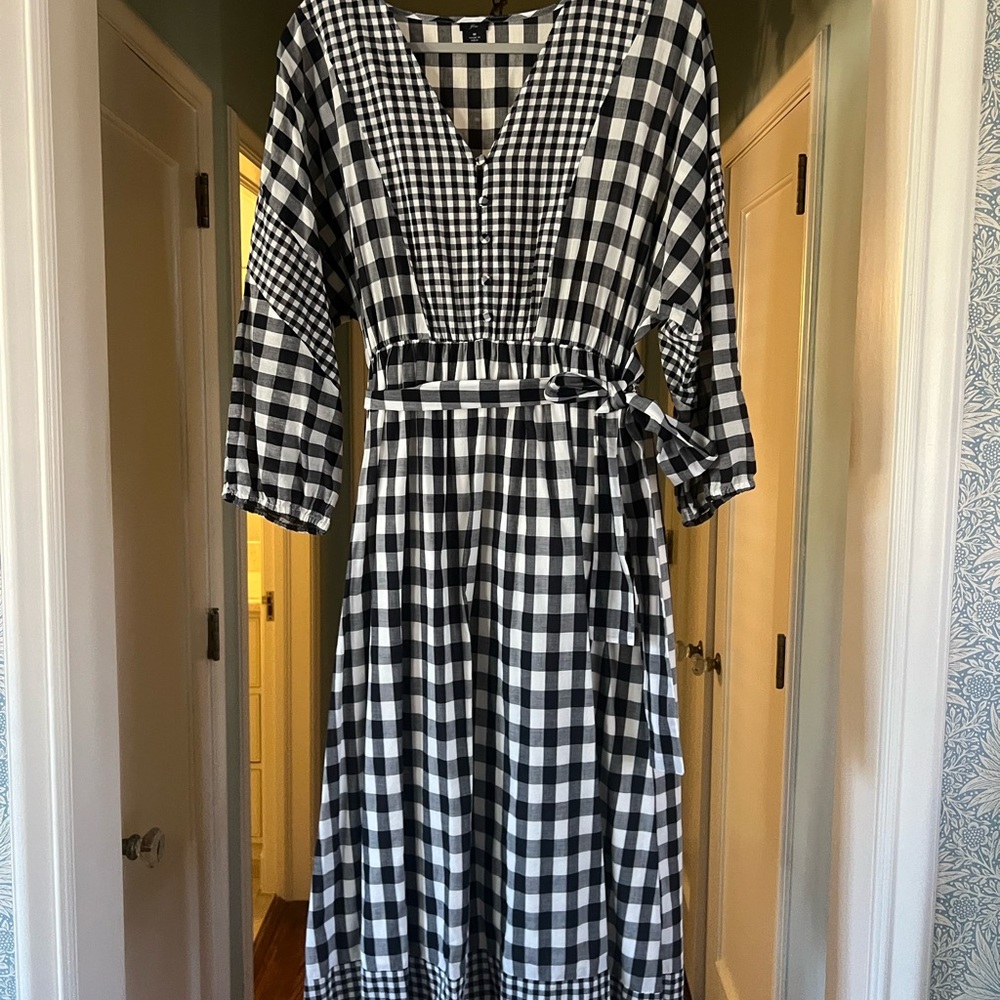 J. Crew Black and White Gingham Midi Dress